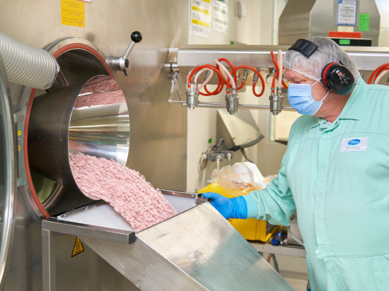德国辉瑞工厂，实验室工作人员检查Paxlovid药片。