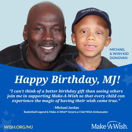  近日，乔丹向Make-A-Wish慈善基金会捐款1000万美元，以此来庆祝自己60岁的生日。